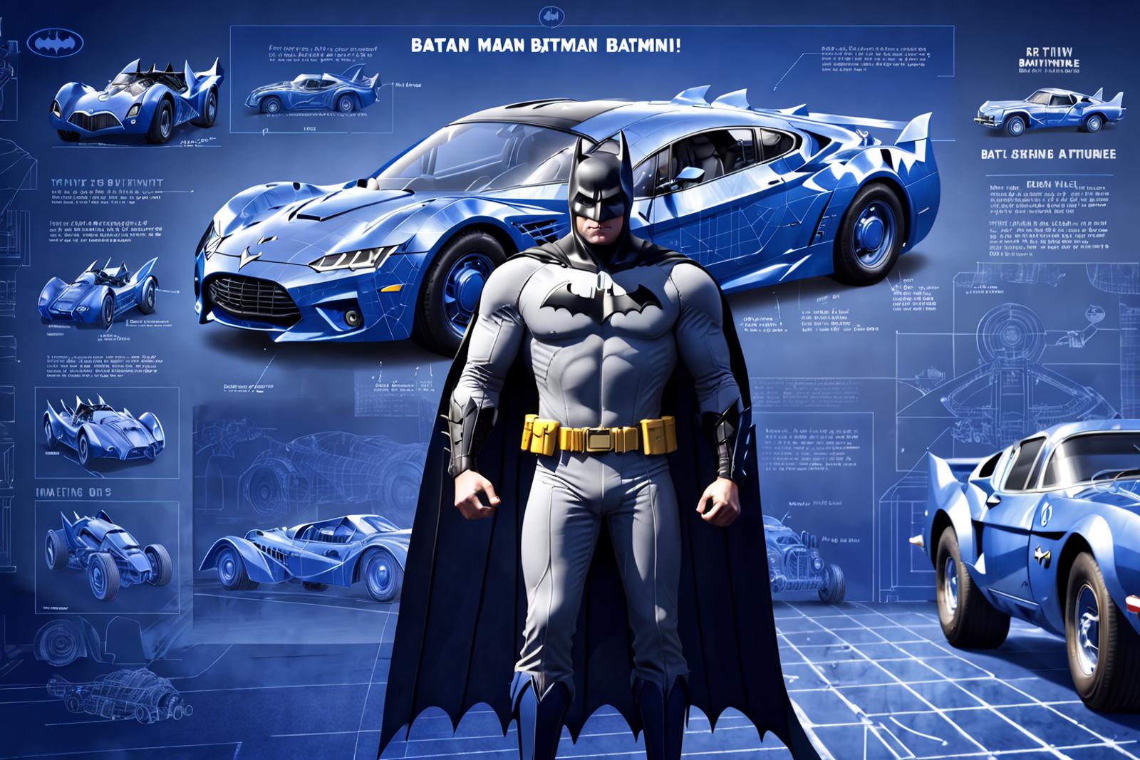 Batman standing next to a blue car with a Batman logo on it.