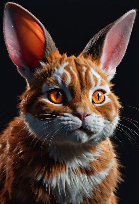chimera (cat:1.1) merge (rabbit:1.3) combo | large ears | dark background setting | roaring | bioluminesence | glowing eyes | stunning detail, (close up:2), creative, (detailed digital painting:3), deep color, fantastical, intricate detail, splash screen, complementary colors, fantasy concept art, 8k resolution trending on Artstation Unreal Engine 5, detailed, masterpiece,oil painting