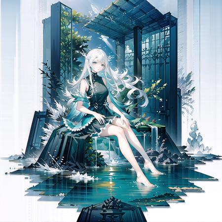 <lora:GachaSplashEXV0:0.8>,(white background:1.5), 1girl, solo, black footwear, long hair, dress, full body, sitting, full body, dress, white hair, ocean background, water,