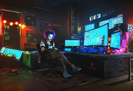 masterpiece, best quality, 1girl
Evil clown hacker, photorealistic scenery gits95, 64k resolution monitor, chair, computer, keyboard (computer), mouse (computer), wire, table, hologram cyberpunk , neon, natural light, detail shadow, full body