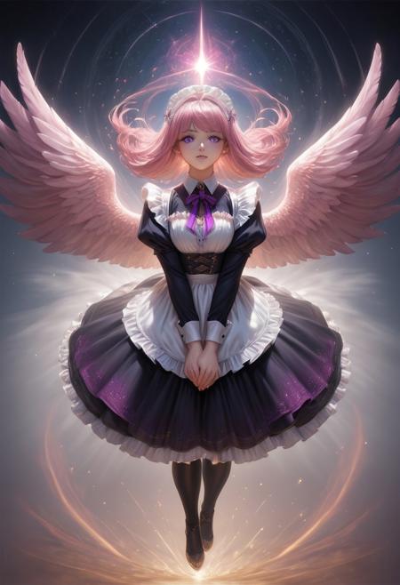 rating_safe, lazyup, AngelicStyle,  CivChan, purple eyes, powerful expression, maid's outfit over a black bodysuit, massive intricate feathered wings attached to back, gilded with gold, pink hair flowing in the wind, ethereal light, dreamy twilight sky, dynamic pose, mid-air leap, anatomically correct wing placement, 3/4 view, high detail, fantasy art, digital painting, movement blur