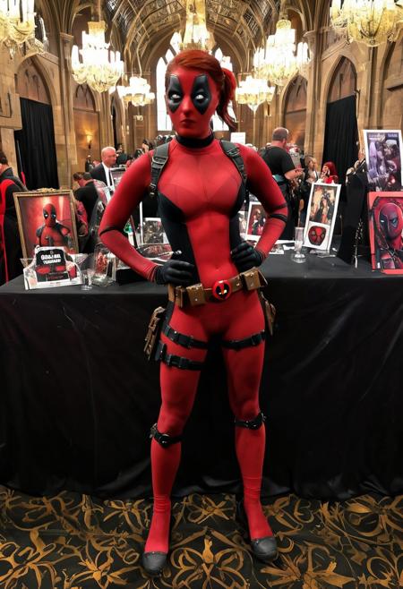 view fom top , picture of a incredibly sexy woman, (freckles, short red hair, light green eyes, (realistic pretty face), Deadpool ( without mask ) wearing his iconic red and black suit, standing inside a bustling gothic cosplay convention. show red bra The convention hall is filled with dark, dramatic decor: gothic chandeliers, black velvet drapes, and ornate, antique furniture. Surrounding Deadpool are various cosplayers dressed in elaborate gothic attire, such as Victorian-era dresses, steampunk outfits, and vampire costumes. Some booths in the background display gothic accessories, artwork, and merchandise. Deadpool strikes a playful pose, fitting in with the lively and theatrical atmosphere of the event