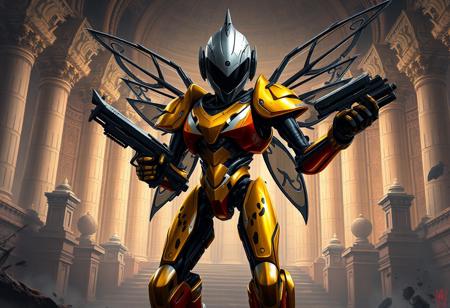 A dramatic dark fantasy digital painting following the Golden Ratio, of a Dark Rose Fairy robot set against the intricate, imposing architecture of an Artmage Academic Arcane Arts Acropolis. The robot's form is rendered with sharp lines and brush strokes, its vibrant gold shiny body detailed with black cheetah spots and silver accents. Black arms and legs provide strong contrast. The silver head is dominated by a enigmatic black visor, rendered with super detailed quality. It holds a formidable black gun in its right hand and displays a fearsome black claw on its left hand. The pose is dynamic and powerful, left leg bent, right leg straight, radiating readiness. Atmospheric lighting illuminates the scene, highlighting the robot's form against the detailed background. Hints of splash ink illustration effects add texture and depth. Stunning colors and harmonious colors create a captivating mood. Beautiful matte painting quality. Exceptional Quality, High Quality, More Detail. Artstation Trending.