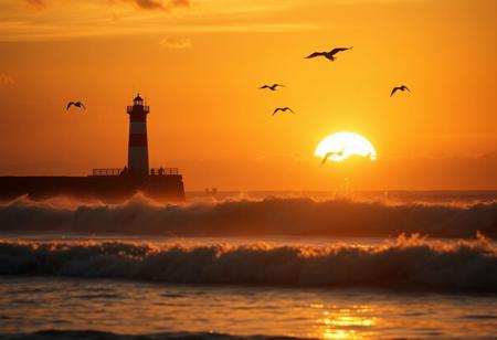 Lighthouse silhouette against the glowing sunrise, seagulls soaring above crashing waves, warm hues of morning sky reflecting on the water's surface, coastal landscape, ultra realistic, golden ratio, dramatic lighting