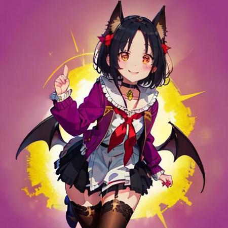 High quality! , chii, suimori, chii suimori, murenase, 1 girl, dark black hair, short stature, only animal ears, furry ears, skin-colored vampire bat ears, bright red (blood) eyes, short hair, high forehead , small breasts, purple serafuku, purple jacket, white shirt, yellow tie, white skirt, choker with a cross, standing, smiling, full body, in front of a medieval castle, (masterpiece: 1.2), best quality, high resolution, (artwork: 0.8), (beautiful detailed eyes: 1.6), perfect lighting, extremely detailed CGI (perfect hands, perfect anatomy) (prefect legs)