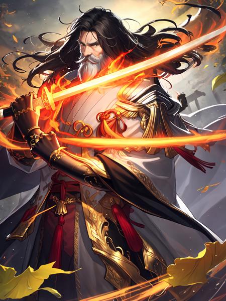 masterpiece,best quality,highres,cinematic lighting,dramatic angle,<lora:ShadowverseKagemitsuV1-000021:0.8> ,1 old man,black hair ,white beard,falling leaves,holding weapon,katana,sheath,glowing weapon,flaming weapon,japanese clothes,armor,ribbons,knots,wide sleeves,gauntlets,jewelry,grey eyes,looking at viewer,dynamic pose,dynamic angle,close-up