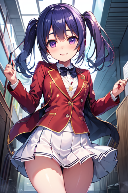 1girl, wang mei-yu, purple hair, purple eyes, twintails school uniform, blazer, red jacket, blue bowtie, white skirt