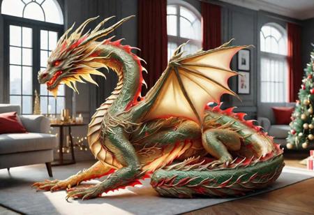 DonM3lv3sXL gold ornamented red  dragon siting under a Christmas tree, (living room), highly detailed clean, beautiful detailed intricate, 8K,