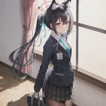 masterpiece, best quality, highres, 1girl, serika, twintails, school uniform, skirt, cat ears, jacket, necktie, cat ears, animal ear fluff, halo, blush, <lora:blue_archive_serika-v1:0.9>