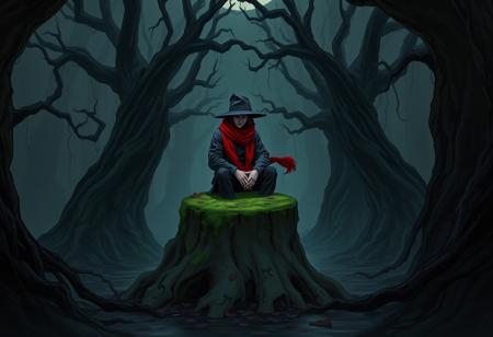 A detailed dark fantasy illustration of a 'chad' figure in solitude within a menacing forest. The 'chad' sits on a moss-covered stump, clad in a dark, textured jacket, pants, and hat, with a striking red scarf providing the only burst of color. Hands are clasped in front. The forest is a realm of twisted, dark trees and deep shadow, with a floor of decaying leaves. The perspective is a low angle, emphasizing the figure's presence against the oppressive backdrop, their face hidden in shadow or averted. The style features Sharp Lines and Brush Strokes, Stunning Colors (muted, harmonious palette), Beautiful Matte Painting techniques, Creative Angle, Captivating Lighting (perhaps moonlight or eerie glow), Grammer Effect Style, Splash Ink Illustration influence for texture, CGSociety, Artstation Trending on ArtstationHQ, Golden Ratio, Vivid Emotions, Joyful Impact, Powerful Message, Isometric (applied to structural elements of the forest), Dynamic Action Pose (interpreted as dynamic composition).