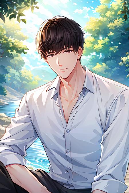 ((high_quality, distinct_image)), masterpiece, extremely_detailed_CG, overexposure, illustration, fair skin, 1boy, solo focus, short hair, xumo, looking at viewer, perfect_face, handsome, beautiful_detailed_hair, from_below, outdoors, light smile, dynamic_pose