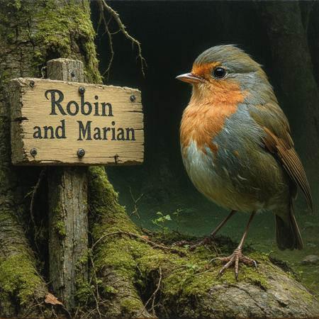 Impossibly fluffy, comically rotund robin, vibrant crimson breast, head cocked inquisitively. Extreme low-angle, focused gaze upon an ancient, moss-laden wooden sign etched 'Robin and Marian'. Sun-dappled enchanted glade, gnarled oaks casting long shadows. Arthur Rackham's whimsical detail, Remedios Varo's intricate surrealism. Rich, earthy palette. Textures: palpable ultra-soft down, weathered splintered wood, velvety moss. Atmosphere: fated wonder, arcane shimmer on letters, dust motes dancing in golden sunbeams.