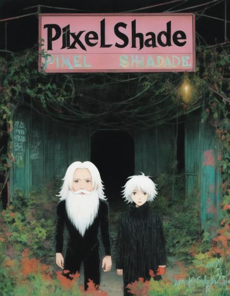 An albino man with white hair and a white beard is holding a sign that says "Pixel Shade" in bold, black letters. He is standing in front of an abandoned amusement park. The rides are overgrown with vines and weeds. The atmosphere is eerie and haunting. The visuals are forgotten memories of happier times. The theater stage is empty, with dust and cobwebs covering it.