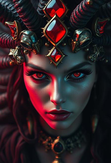 Antagonist Medusa with gems of mist mad gaze, dark deception, cinematic in Greg Rutkowski style, horrific , Trending on Artstation, Red and Black, <lora:add-detail-xl:1>, photography, beautiful eyes, ethereal beauty, magical atmosphere, whimsical element, enchanting composition, mystical storytelling, professional lighting, imaginative concept, creative styling, otherworldly aesthetic, fantasy romance, surreal visual, enchanting character, captivating narrative, intricate detail, vibrant color, fantastical landscape, hyperrealistic, fantasy, dark art, artstation, highly detailed, sharp focus, dystopian, iridescent gold, studio lights,