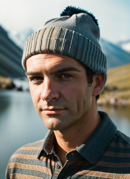 ( <lora:SeanConneryBond:1>) a close up Portrait photo of (scb1) man with dark hair, Detailed face, (perfect eyes), (highly detailed skin:1.1), perfect body, wearing a ((Striped Shirt, Knit Beanie, Cargo Pants, Fishing Gloves, Fishing Creel)), Modelshoot style, Professional Photography, soft lighting, PHOTOREALISTIC, Realistic, standing in a dark studio background, blurred background, volumetric fog,. RAW, analog style, sharp focus, 8k, HD, DSLR, high quality, Fujifilm XT3, film grain, award winning, masterpiece,