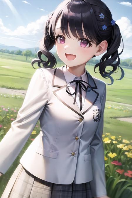 masterpiece, best quality, ultra-detailed, illustration, 1girl, solo, fukumaru koito, medium hair, black hair, twintails, hair flower, purple eyes, blazer, neck ribbon, grey skirt, looking at viewer, smile, open mouth, upper body, field of flowers <lora:brj-koito-v1:1> <lyco:GoodHands-beta2:1.0>