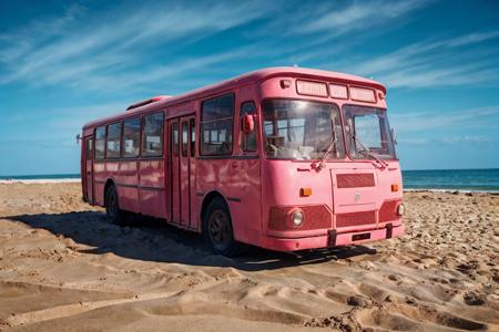 photo RAW,((wide-angle 17mm),gel40bo, (USA,Florida:1.3),luxory premium Pink color bus parking on ocean sand beach,blue sky,sunrays,(bokeh:1.3) <lora:gelios40bokeh_v2:0.5> <lora:liaz677:0.75>, dusty atmospheric haze, high quality textures of materials, volumetric textures, coating textures, metal textures, (natural colors, correct white balance, color correction, dehaze,clarity)), masterpiece, award winning photography, natural light, perfect composition, high detail, hyper realistic,lens flare,Timeless Elegance, Classic Tones, Refined Lighting, depth of field,sharp focus, dark theme <lora:lowra_v10:0.06>, in the style of intimacy, dreamscape portraiture,  solarization, shiny kitsch pop art, solarization effect, reflections and mirroring, photobash