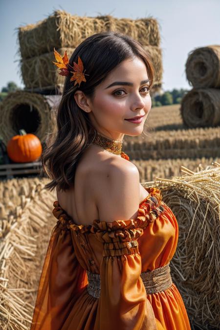 JennaC_SoloTI_v1,
(Drapped in a vibrant orange pumpkin ensemble, adorned with intricate carvings, evoking the spirit of harvest and magic),
(A rustic autumn festival, with hay bales and cornstalks lining the path, alive with laughter and the scent of spices:1.3),
 <lora:add_detail:0.6>,<lora:LowRa:0>, PA7_Portrait-MCU,