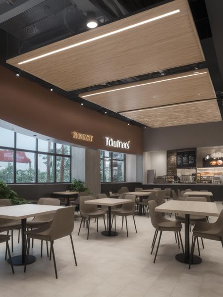 <lora:JJsFood_Court_XL:1>, ((Food Court)), masterpiece , best quality, subject,  soft lighting, high quality, indoors, real world location, enough detail, high resolution, 8k, HD, super realistic, Photorealistic, highly detailed, table, chair, ceiling light,