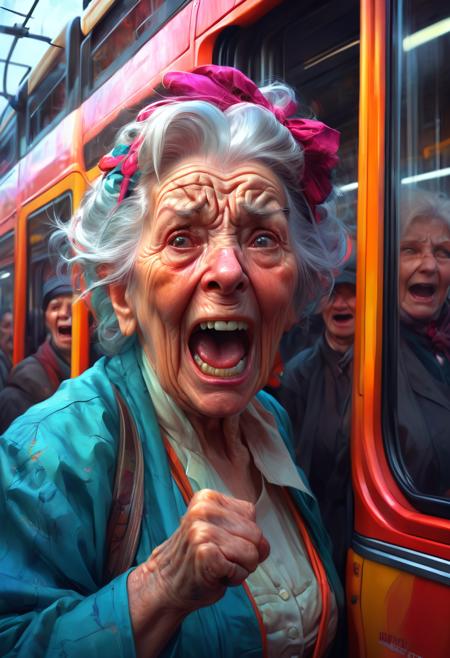 old lady, screaming at the tram, bright, colourful, realistic, character select portrait, by artgerm, greg rutkowski, alphonse mucha, 3 d, abysues, abx