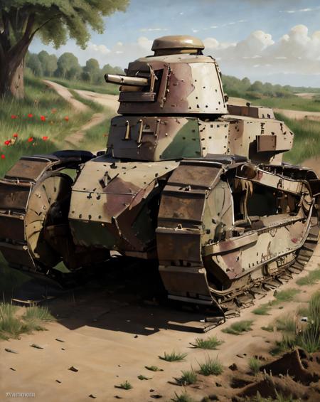 Portrait of a rft17 tank advancing in muddy terrain, zoomed out, front view, Barren,Sandbags, Fog, Bloodied hands,Burning, Dissonant, Fear,Survivor's guilt,Anguish, Poppies, Pointillism, Diagonals, Earth tones, in the style of Paul Delvaux,Salvador Dal, ultra detailed, intricate, surrealism, oil on canvas, dry brush, <lora:rft17_v1:1>