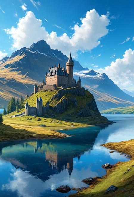 (masterpiece:1.3), subsurface scattering, heavy shadow, (high quality:1.4), (intricate, high detail:1.2),  ambient lighting, atmospheric effects, <lora:detail_slider_v4:2>, OverallDetail, <lora:Highlands:1>, blue sky, cloud, day, highlands, landscape, castle, lake, nature, no humans, outdoors, scenery, sky, mountains