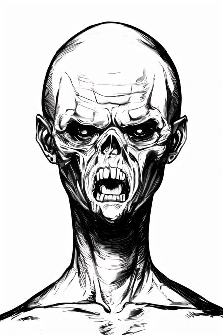 horror (theme), monochrome, greyscale, teeth, solo, black background, simple background, looking at viewer, 1boy, bald, open mouth, monster, 1other, male focus, portrait