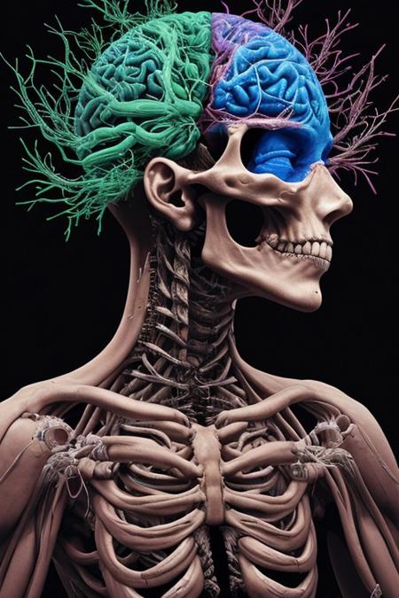 A man drowning inside his own mind. FRONT VIEW. Subliminal messaging, Horror, neon-colored brain scan aesthetic on black background. the figure of a skull is seen inside the brain scan. Psychedelic brain scan. Horror, Vibrant, glowing neural pathways Abstract, futuristic aesthetic. Style mimics bioluminescence art. Sharp contrast between vivid colors and deep black background. realistic rendering of brain lobe. Conveys sense of brain death, cognitive decline, and mental degradation. Sharp jagged teeth. Horror theme.