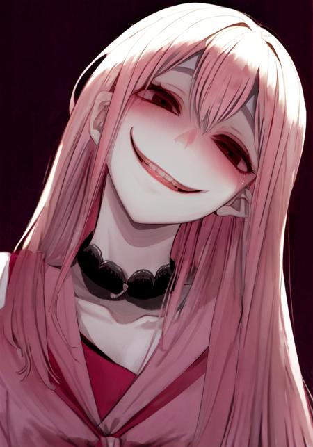 masterpiece, best quality, yandere, evil smile, from below, closed mouth, <lora:yameroyandere-v2:0.8>, <lora:add_detail:1>, head tilt, <lora:to8contrast-1-5:0.7>, dark, pink theme, pale skin, shaded face, empty eyes,