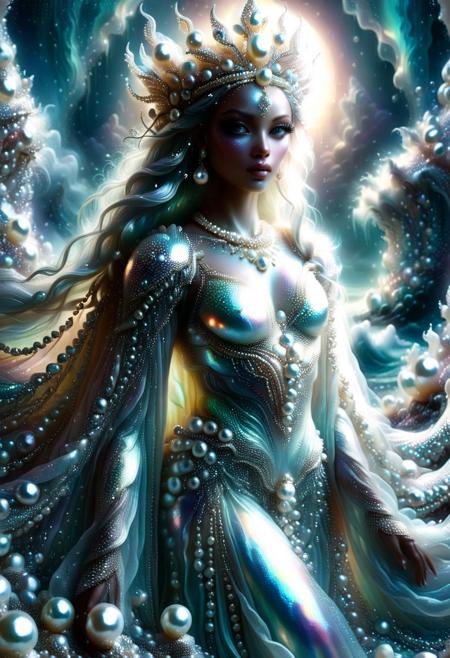 ethereal goddess emerging from pearl world, iridescent skin, pearl crown, flowing translucent robes, surrounded by floating pearls and sea mist, close-up portrait, dreamy eyes, shimmer lighting, pastel glow, high fantasy, detailed skin texture, photorealistic, soft focus, trending on artstation