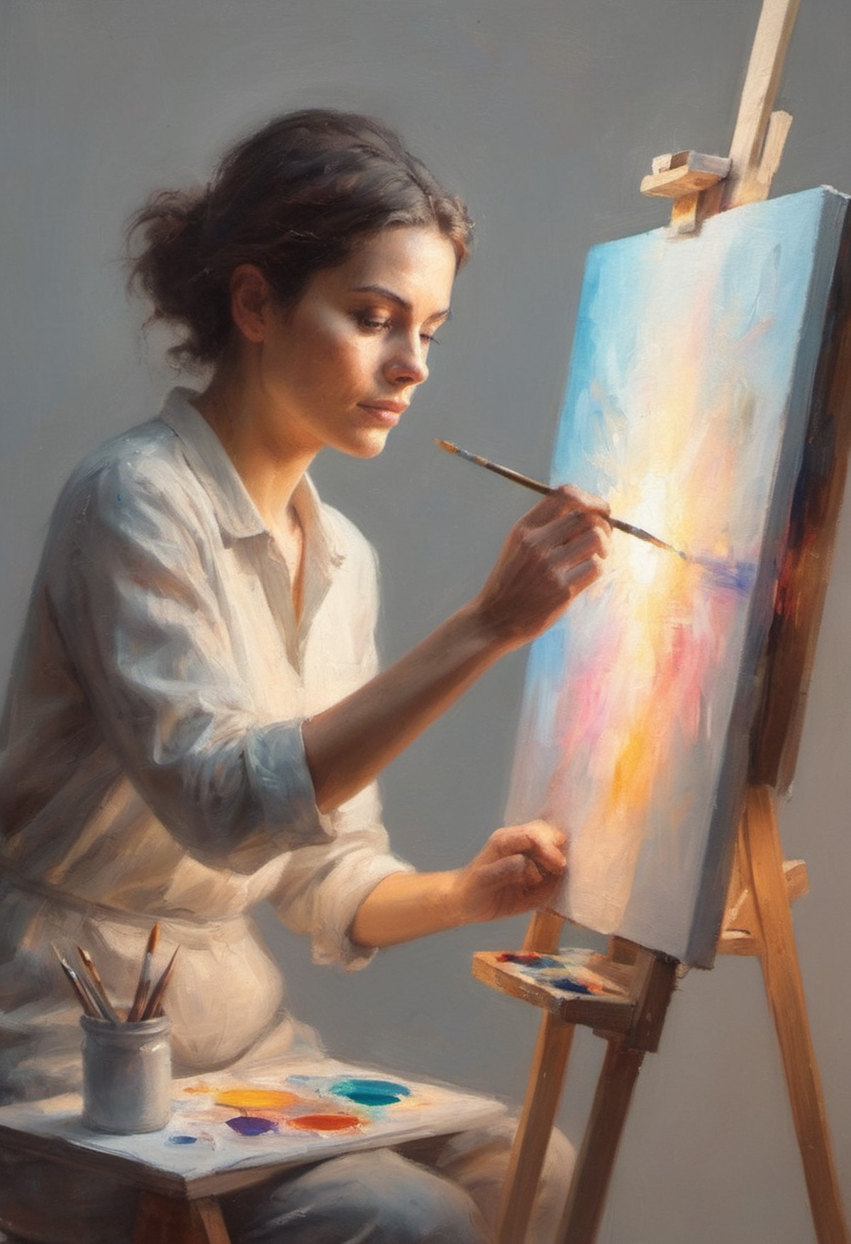 minimalist closeup portrait of an artist at work painting on her canvas easel magical worlds glowing magical energies doub...