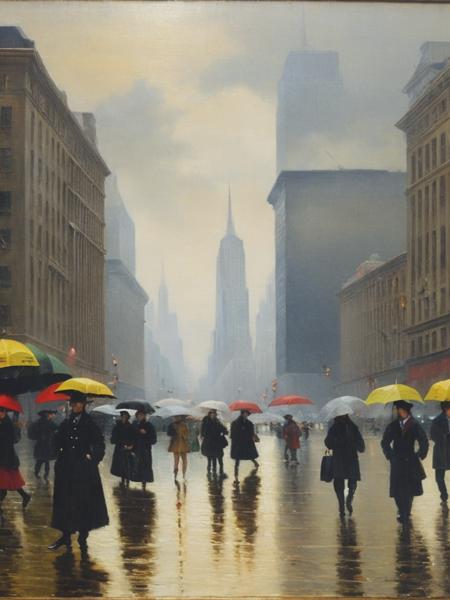 <lyco:PaulGustavFischer:1.0> New york rainy day with people walking through the city, muted tones antique classical art oil Painting