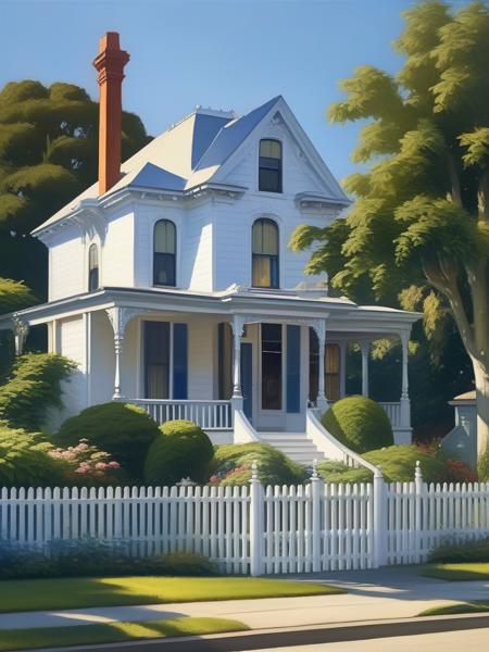 <lora:03realismPainting_Hap_XL:2.5>, realism American art painting oil painting,masterpiece,highly detailed, UHD,8k, <lora:add-detail-xl:0.00001> <lora:hand 4:0.00001>, house, white, picket fence, garden, trees, summer, sunlight, Victorian architecture, residential, blue sky, shadows, greenery, home, front yard, peaceful, suburban,