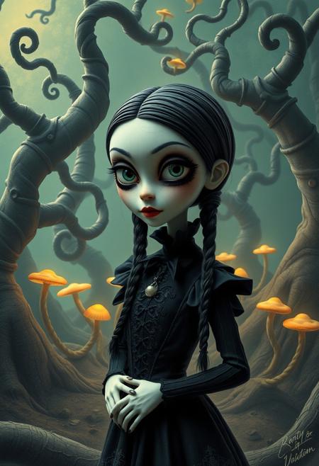 Wednesday Addams in the style of Tim Burton’s stop-motion films, with exaggerated, hauntingly beautiful features. Her large, expressive eyes are shadowed by dark circles, and her pale skin contrasts against her intricate gothic attire. She stands in a surreal, twisted landscape with spiraling trees and eerie glowing mushrooms. The atmosphere is haunting yet strangely whimsical, with a vintage horror aesthetic. Dark fantasy, Burtonesque, intricate textures, high detail.