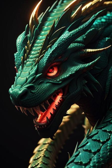 Asian dragon , green, red, gold snake gradient vibrant neon colour, rough, textural, broad brush strokes, red color prominent detailed, alienzkin, silhouette, spotlight, dark theme, c4d, blender, raytracing, unreal engine 5, render 3d, face close up,