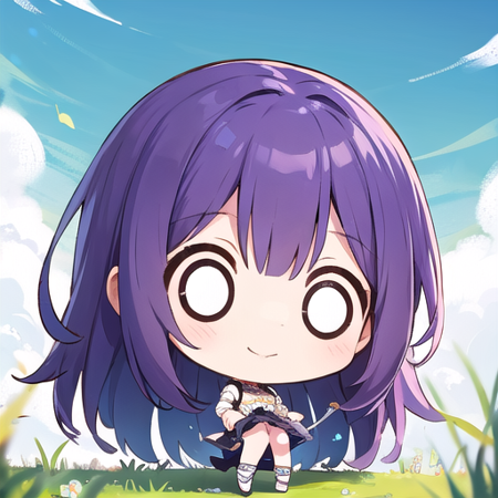 <lora:hotarueye_whiteeye9_v100:1>, 1girl, (chibi:1.4), smile, closed mouth, dynamic angle, standing, , purple hair, outdoor