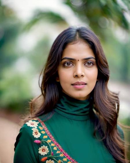 ultrarealistic portrait soft focus photo of a 30-year-old woman, malavika mohanan, outdoors, covered chest, embroidered turtleneck kurta, Medium shot camera angle, looking looking at camera, midday time, beautiful bokeh, film grain <lora:Malavika_Mohanan_SDXL_LoRA:0.8>