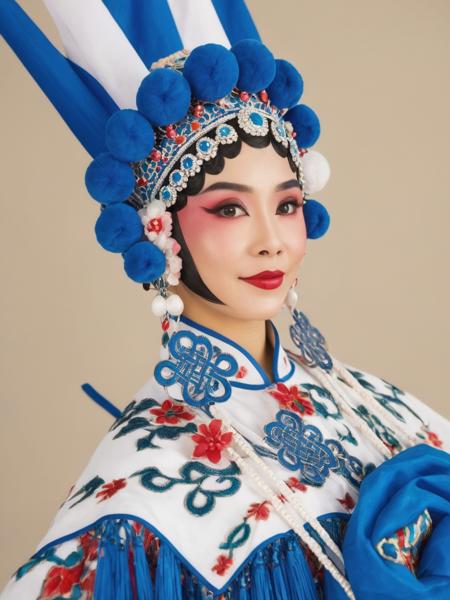 <lora:chinese operas_1:0.7>,A woman wearing a blue and white costume with colorful patterns, carrying several flags behind her,solo,Front close-up,daomadan,