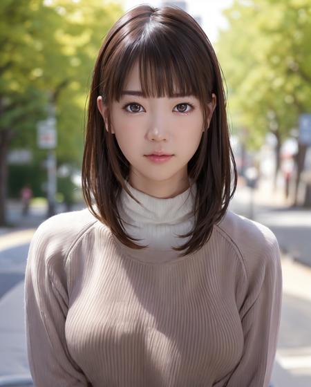 pureerosface_v1:0.3, best quality, photorealistic, 8k, high res, full color, 1girl, woman, 20 years old woman, (skindentation), (portrait:0.6), trees, park bench, daylight, ((park background:1.52)), full color, ((necksweater:1.68)), looking at viewer:1.8, (1girl eyes looking at viewer:1.55), (short-length hair, brownhair, partedbangs:1.45), (bokeh), <lora:AAV-koharu:0.7>