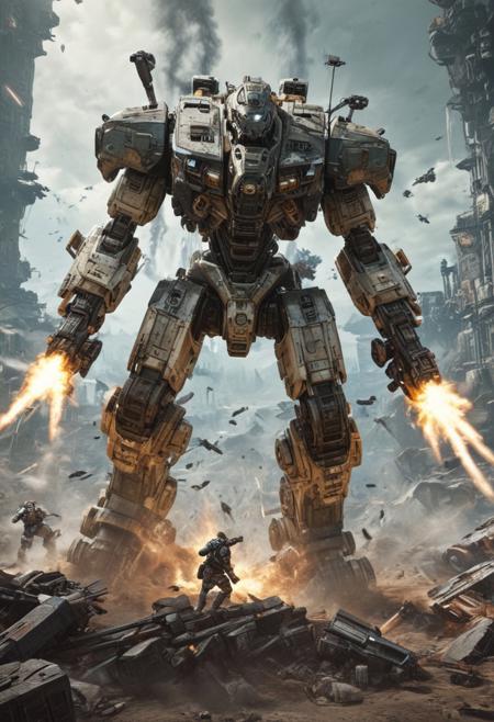 ((Best quality)), ((masterpiece)), ((realistic)), Imagine an epic and visually stunning scene from the world of Titanfall, where the battlefield is engulfed in a massive war. Towering Titans dominate the landscape, their imposing presence radiating power and strength. These colossal mechas unleash devastating firepower, their movements synchronized with the skillful pilots who command them. Explosions and gunfire fill the air, creating a chaotic yet awe-inspiring atmosphere. The attention to detail in the Titans' design and the seamless integration between pilots and machines evoke a sense of realism and immersion. This masterpiece captures the essence of Titanfall, immersing viewers in a world where the clash of Titans shapes the destiny of the battlefield a heavy mech, hard surface, hawken, sci-fi, battlefield, explosion, stray bullet, <lora:srd_v3_5d:0.8>