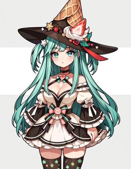  mint green hair, long hair, blunt bangs, short half twintail, side bangs, mint green eyes, red star shaped puplis, ice cream cone witch hat, sparkling witch costme, off shoulder, cleavage, Chocolate colored stockings with star candy