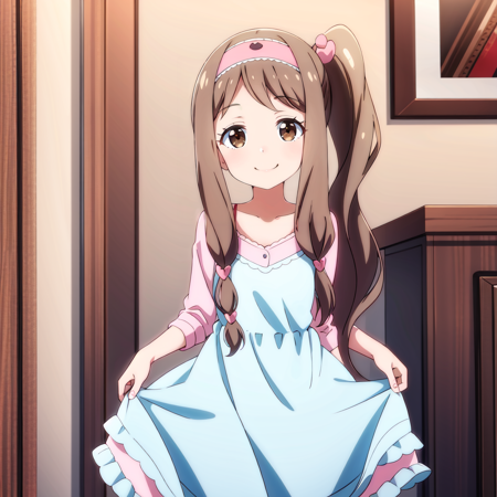 kinue long hair, brown hair, hairband, brown eyes, ponytail, side ponytail