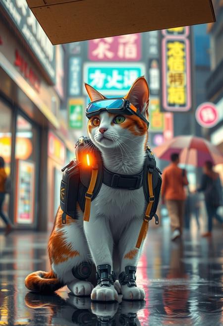 cyberpunk anime, common calico cat wearing a sci-fi future backpack, techno future googles, one mechanic leg with electric lighting, eye scar, an ear with a bite, some dirty, waiting under a cardboard box, raining, neon signs and advertising, bokeh, side lighting, water splashing, people walking  with umbrella