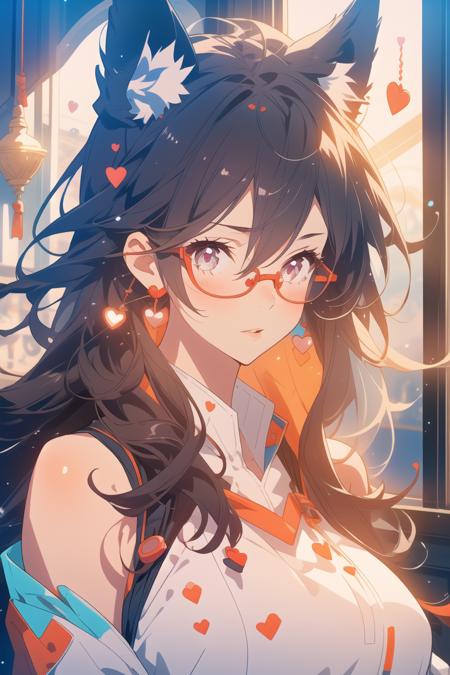 glasses, 1girl, solo, long hair, lips, jewelry, upper body, indoors, realistic, semi-rimless eyewear, animal ears, earphones, bare shoulders, breasts, under-rim eyewear, hearts, sparkles, particles, (glowing:1.2), glow, 
<lora:more_details:0.3>
<lora:AnimeVibesV3:0.3> animevibes,
<lora:Unleashed_V1.5:1.35>, shiny, shiny hair, shiny skin, shiny clothes