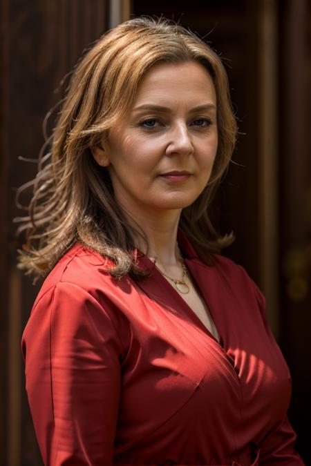 <lora:Liz_Truss:1> masterpiece, best quality, detailed face, 1woman, solo, a mature l1873t, realistic, red dress