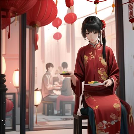 chinese festival,1girl, paper lantern, lantern, food, sitting, chinese clothes, hair ornament, black hair, long hair <lora:chinesefestival:0.7>