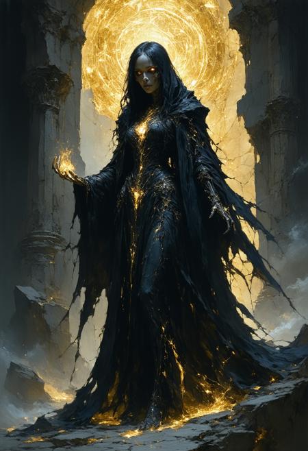 An alluring necromancer commands a soul-rending ritual in a cathedral of shattered obsidian, low-angle perspective amplifying her towering presence amid floating bone shards. Gold-and-black Art Nouveau filigree robes cling to her form, her porcelain-pale face framed by cascading raven hair, eyes blazing with violet necrotic fire—living yet inhumanly perfect. Influenced by Brom’s dark fantasy dynamism and Klimt’s gilded opulence: spectral amber backlighting carves jagged shadows, casting her as both deity and destroyer. Swirling void-smoke merges with glowing crimson runes above her palms. Molten gold bleeds into cracks beneath her feet; a skeletal hand offers a wilted rose at her boots. alabaster skin traced with luminous necrotic veins, tarnished silver embroidery, iridescent ectoplasmic mist.