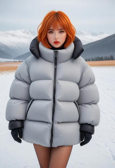 Oversized padded down jacket, Oversized padded puffer jacket, Oversized padded winter clothes, down vest, puffer vest, very very cold, cowboy shot, snow, winter, field, snow field, outdoors, nature, standing, landscape, high distinct image, gloves, Realistic, artstation original character, masterpiece, best quality, highres, ultra_detailed, 4k, UHD, pixiv, ligne claire, noise reduced, distinct, vivid, orange hair, unreal engine, orange eyes, hair ornament, sidelighting, detailed face, lipstick, perfect body, beautiful eyes, pretty face, 1girl, bishoujo, cant be this cute, bright skin, young girl, bangs, short hair, padded cuffs, padded collar, Thick padded cuffs, Thick padded collar, <lora:Collar-SDXL:0.6>, <lora:Cuffs-SDXL:0.6>, <lora:Puffer_Jacket_and_Down_Jacket_-_Extra_Puffy_Jackets:0.6>,  <lora:puffer_skirt_v1:0.6>