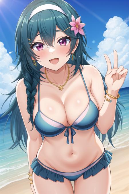 1girl, solo, masterpiece, best quality, absurdres, cute, ultra-detailed, perfect anatomy, <lora:hiiragi_kotoha-000130:0.5>, hiiragi kotoha, long hair, looking at viewer, blush, smile, open mouth, navel, large breasts, :d, hairband, earrings, outdoors, sky, hairclip, hair flower, necklace, bracelet, blue sky, wet, single braid, beach, sunlight, layered bikini, mismatched bikini, leaning forward, hanging breasts,