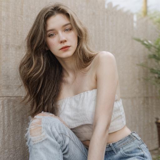 An image of a young woman with medium-length wavy hair, seated with one leg extended and the other bent, hand resting on her thigh. She faces the camera, wearing a white strapless crop top and light blue distressed jeans, paired with white sneakers. She gazes directly at the viewer with a composed expression. The outdoor lighting is soft and warm, with a clear sky and subtle clouds in the background. <lora:more_details:1> <lora:ReaLora:1> <lora:bad-image-v2-39000-neg The Neuro-Swarm :1> <lora:FastNegativeV2The Neuro-Swarm :1> <lora:hairdetailer:1> <lora:detailed_eye:1>